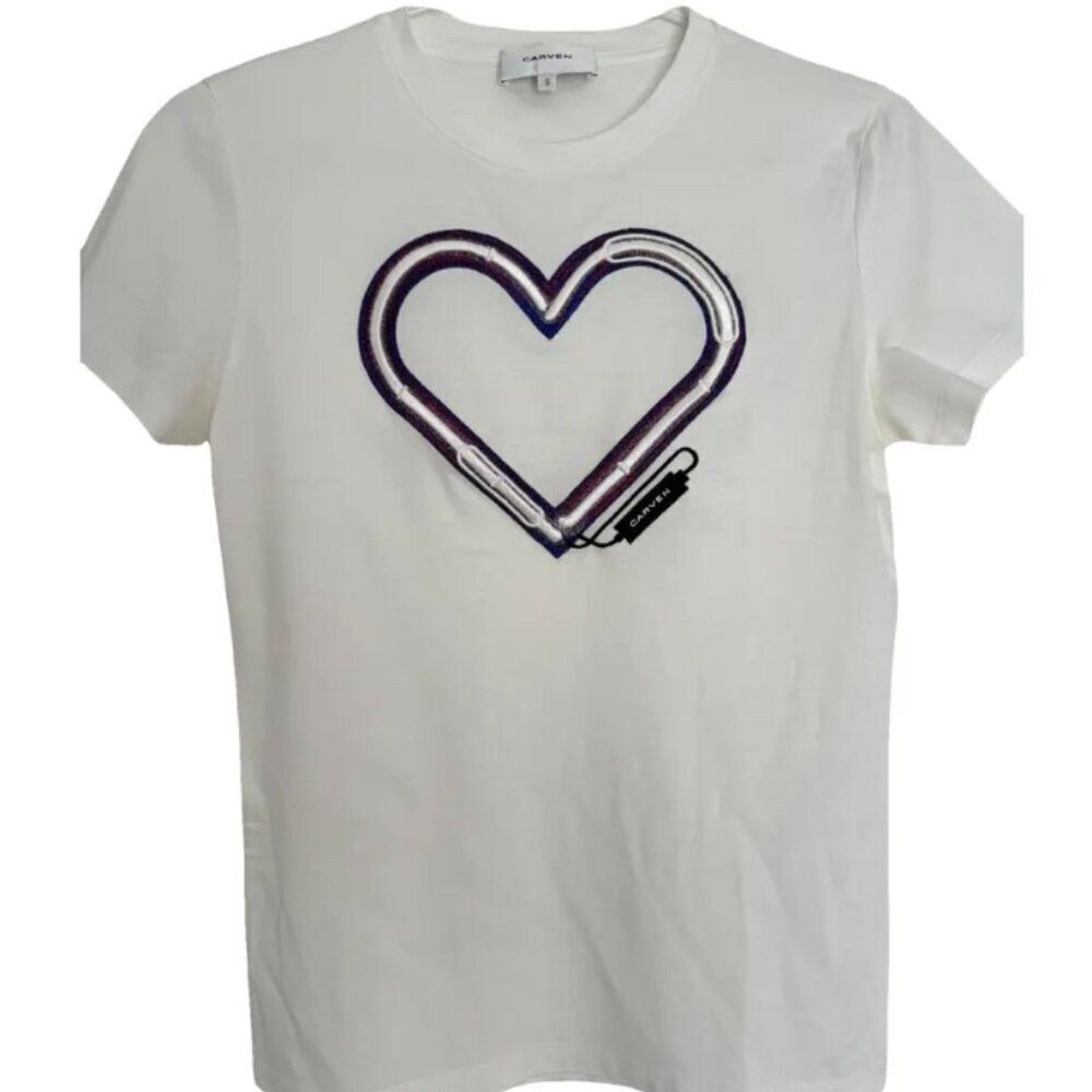 Carven Embroidered Heart White Short Sleeve T-Shirt Size S
